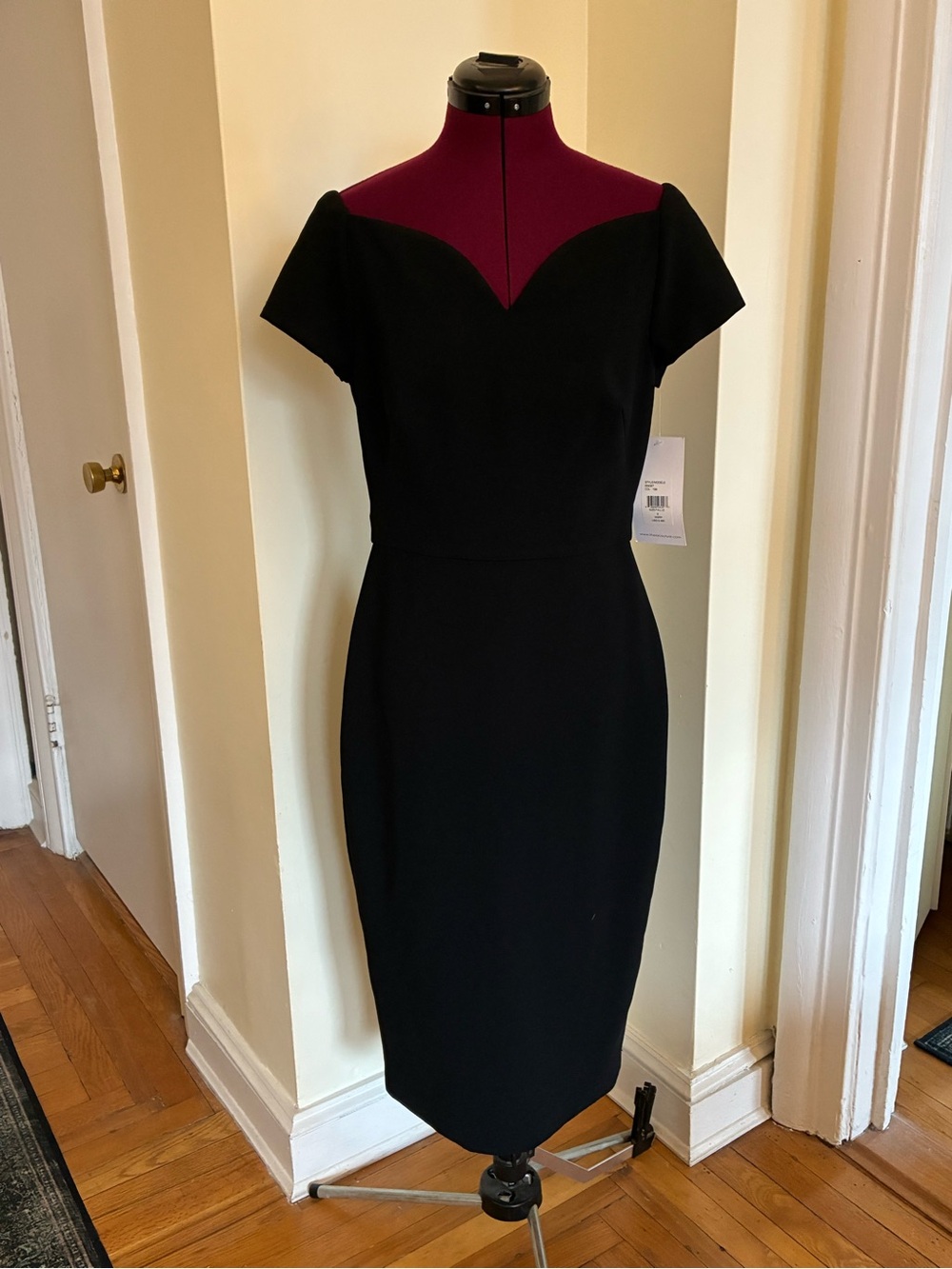 Theia Black Midi Sheath Dress with Sweetheart Portrait Neckline